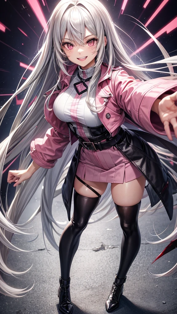 You can create a tall gray haired anime girl with a pink jacket, smiling with pointy teeth full of blood and full body