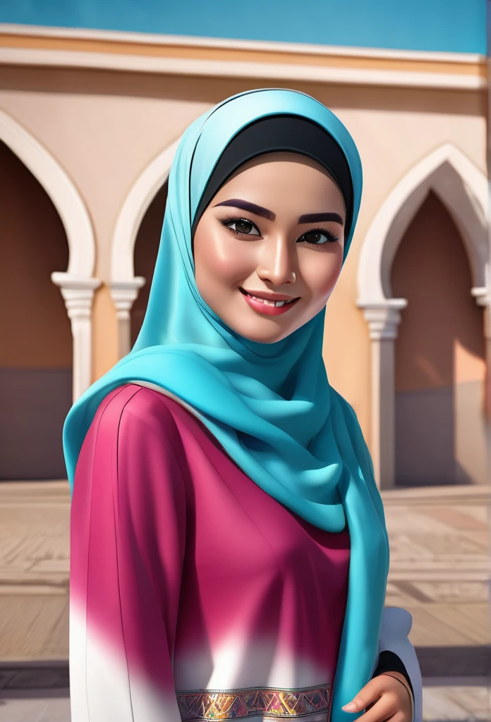 close up of a young woman,she wear a hijab with beautiful ornaments,a long dress,
very glossy skin,smile,big eyes,dezent make up,antasy art,digital art,delicate lines and textures,realistic and rich art,
detailed face and eyes,blurred  night city background,surrealism,cinematic,rough shadows,vivid colors,Rich colors,light and shadow,three-dimensional lighting,combination of various colors and shades,volume lighting,Film light,dynamic lighting,good anatomy,intricate details,highly details.,Broken Glass effect,no background,stunning,something that even doesn't exist,mythical being,energy,molecular,textures,iridescent and luminescent scales,breathtaking beauty,pure perfection,divine presence,unforgettable,impressive,breathtaking beauty,Volumetric light,auras,rays,vivid colors reflects,