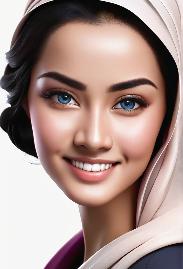 Create cartoonish caricature 3D animation with a big head. a 19 year old Indonesian woman. She wearing hijab and muslimah clothes. Her face is oval-shaped with smooth lines, thick and neat black eyebrows, normal eyes, a small pointed nose, and thin lips with a wide, friendly smile. She is wearing a white blouse. Gradient blue background with professional lighting. masterpiece, top quality, skin and face very detailed, ultra-realistic, high definition, studio lighting, sharp focus, body angle 2/3, Concept Art, 3D render.