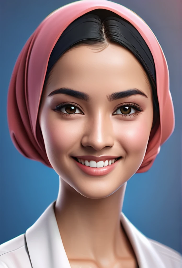Create cartoonish caricature 3D animation with a big head. a 19 year old Indonesian woman. She wearing hijab and muslimah clothes. Her face is oval-shaped with smooth lines, thick and neat black eyebrows, normal eyes, a small pointed nose, and thin lips with a wide, friendly smile. She is wearing a white blouse. Gradient blue background with professional lighting. masterpiece, top quality, skin and face very detailed, ultra-realistic, high definition, studio lighting, sharp focus, body angle 2/3, Concept Art, 3D render.
