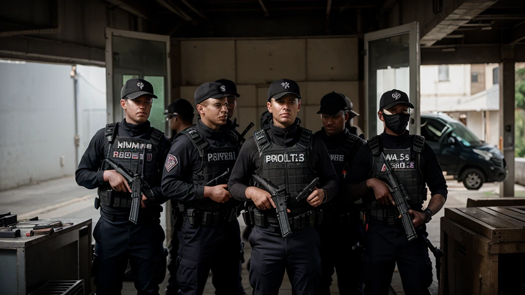 10 people wearing bulletproof vests, carrying MP5 guns.