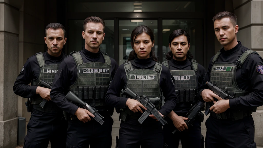 10 people wearing bulletproof vests, carrying MP5 guns.
