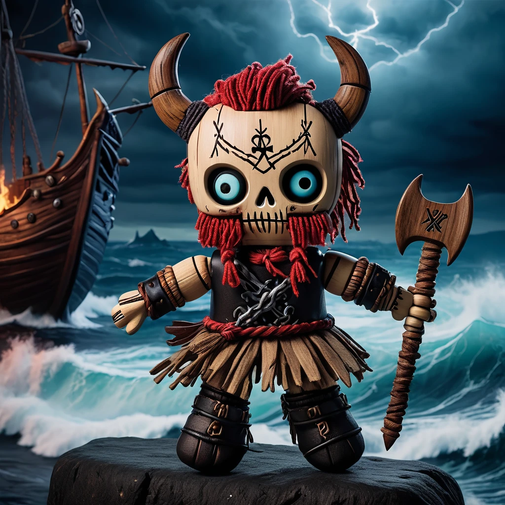 (knitted toy voodoo doll:1.5), (Voodoo Cursed Viking:1.3), (Clothing: tattered Viking attire with sinister runes:1.0), (Accessories: enchanted axe emitting a ghostly glow, floating spectral longships:1.1), (background: dark, stormy sea with ghostly ships, crashing waves, and an atmosphere of nautical terror:1.2), best quality, masterpiece, detailed soft oil painting, detailed background, dramatic cinematic lighting, soft edge lighting, professional, dramatic lighting, hard edge lighting, ultra quality, 4k,masterpiece, best quality, 8k, ultra highres, highres, extremely detailed