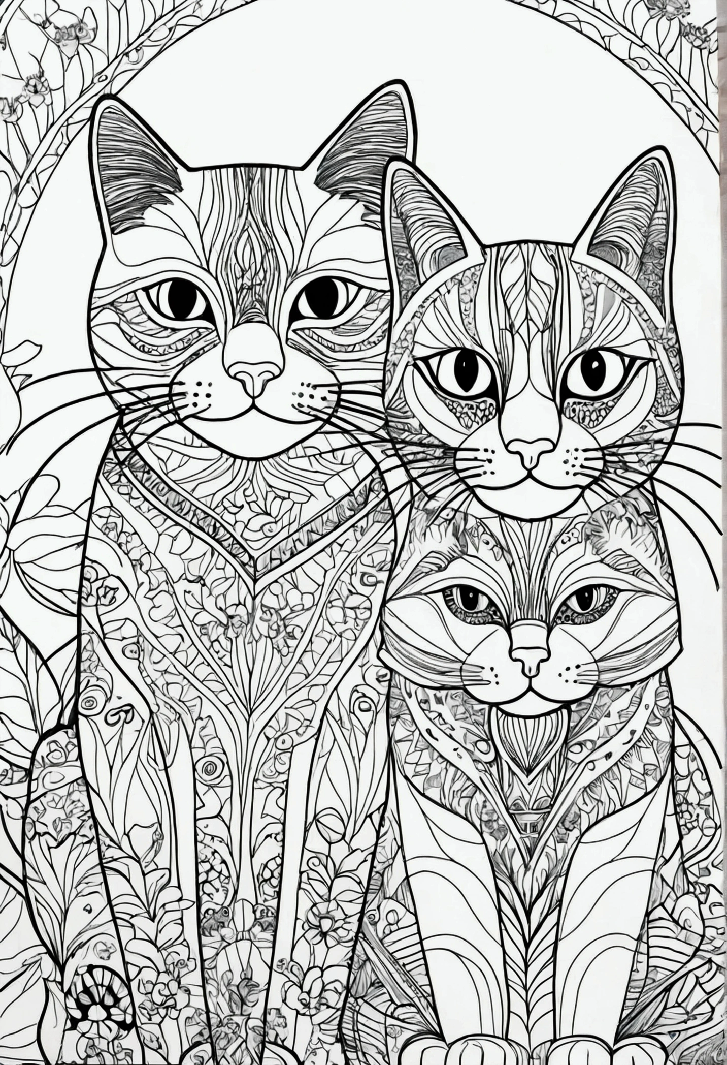 A printable black and white coloring page featuring cats, clean line art