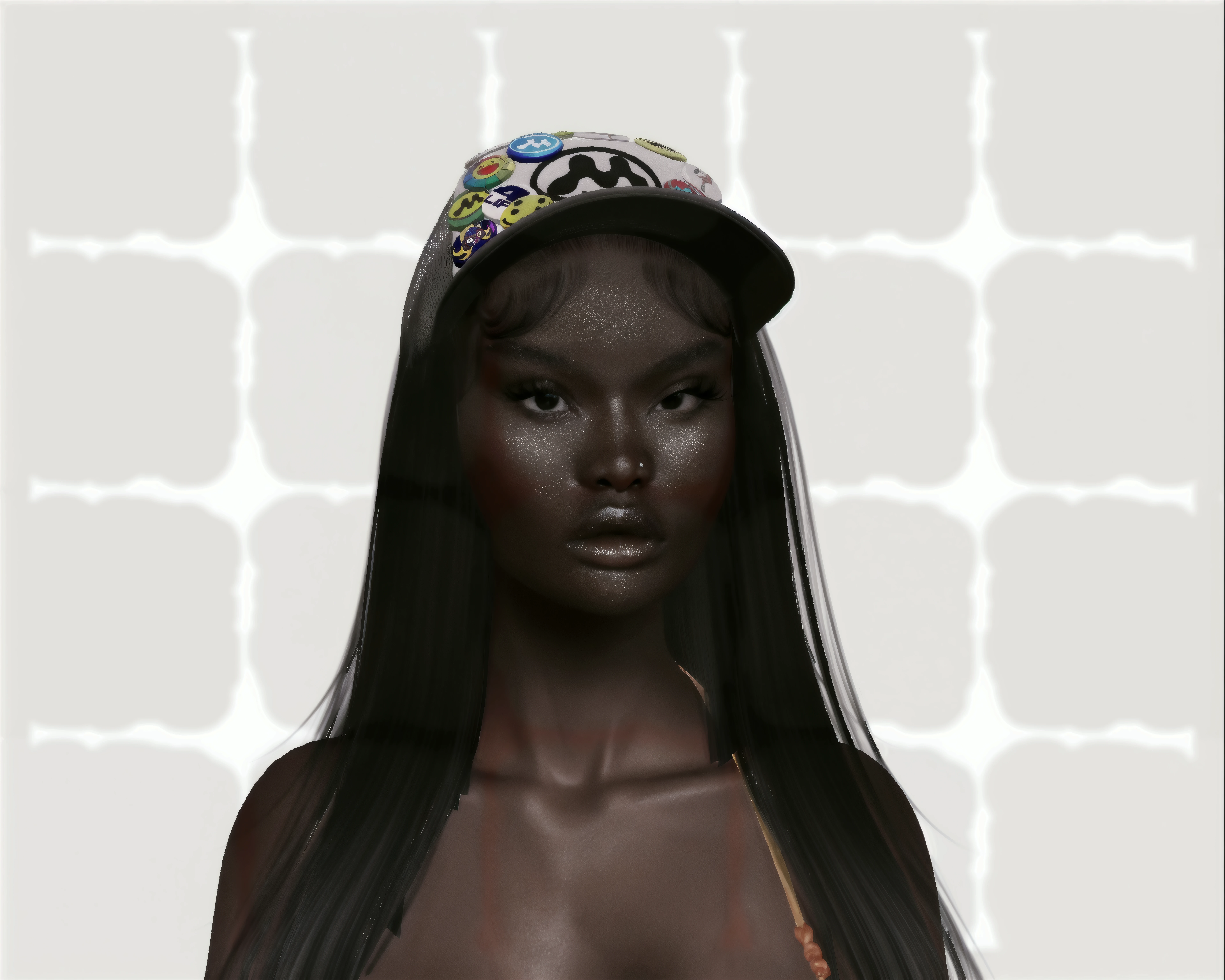 Masterpiece, colorful abstract rectangular backdrop, white backdrop, cowboy shot, skin pores, octane render, best quality, 1girl, solo, front view, upper body, dark skinned girl, very dark skin, oiled skin, (yamanba:1.5), white facepaint makeup, bob cut, multicolored hair, white shirt, buttons, pink leopard print skirt, arms behind back, <lora:ManbaSD1.5_retro:0.75>,