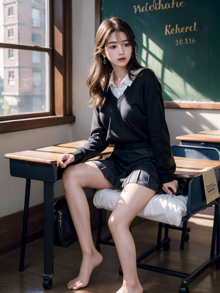 absurdres, RAW photo, extremely delicate and beautiful, masterpiece, Best Quality, ultra high resolution, 32k, hyperrealistic, ultra-detailed, super Detailed skin, 20 years old, very small head, very small face, tearful mole, earring, very huge round breasts, legs, medium hair, ((full body shot)), indoor, ((school_uniform)),