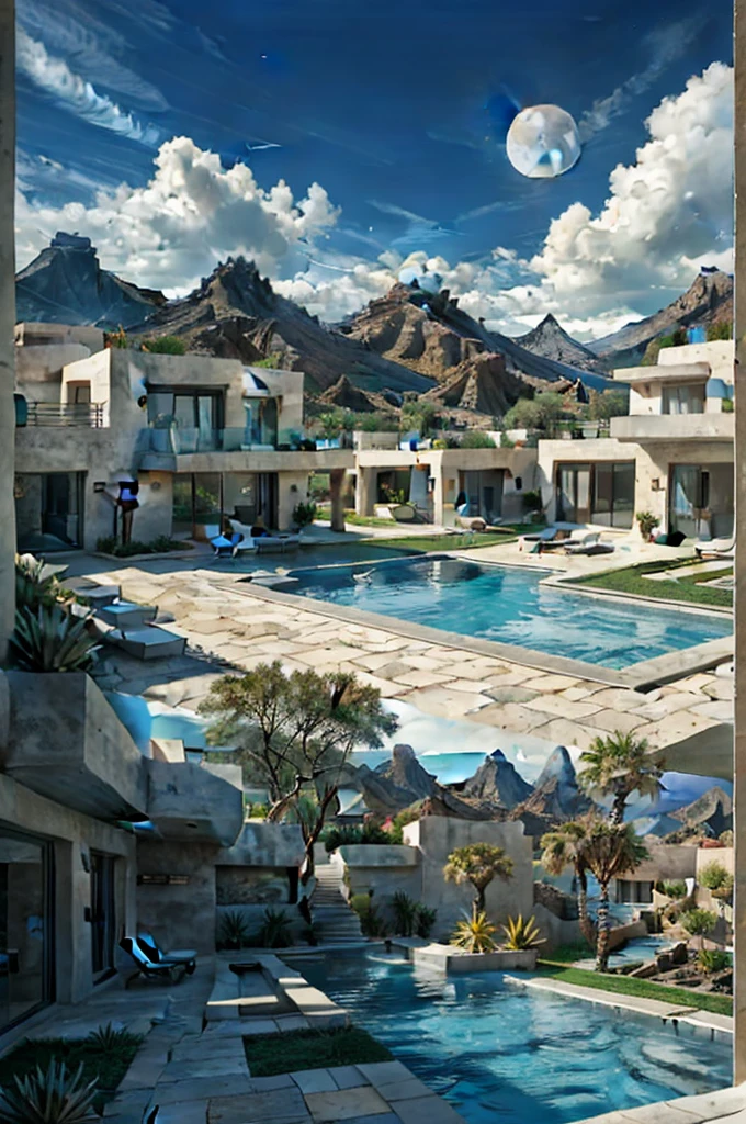 Multiple houses, brutalism style, Luis Barragán, Mountains in background, river, pool, terraces, stairs, garden terraces, trees, beautiful clouds, moon, sun, detailed, cacti, boulders, volcanic rocks, fuggy,