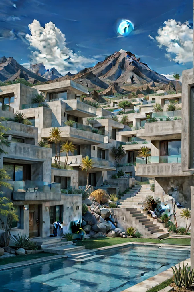 Multiple houses, brutalism style, Luis Barragán, Mountains in background, river, pool, terraces, stairs, garden terraces, trees, beautiful clouds, moon, sun, detailed, cacti, boulders, volcanic rocks, fuggy,