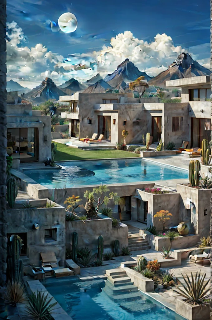 Multiple houses, brutalism style, Luis Barragán, Mountains in background, river, pool, terraces, stairs, garden terraces, trees, beautiful clouds, moon, sun, detailed, cacti, boulders, volcanic rocks, fuggy,