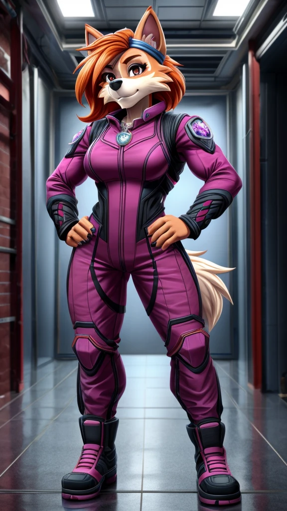 Skye from Paw Patrol, as a female lycanthrope, anthro, mature adult, muscular, tomboy, tall, massive female, long fluffy messy orange hair, magenta iris, black pink combat suit, standing, serious, solo, beautiful, high quality, manhwa style, 4K