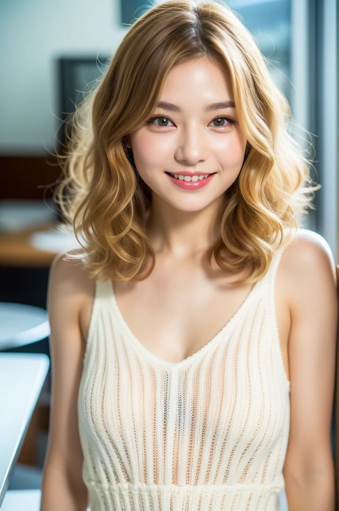 (A very cute 20 year old young woman from Japan.), ((Fine hair that is somewhere between brown and blonde)), ((Short hair with messy side waves)),Medium bust size、Small breasts、Flashy makeup using red eyeshadow, Precision by hand,(((Clean your hands))),(Curly Hair),(((A very kind smile))), (((She wears white panties))),(((She is wearing a white knitted dress))) ((Highest quality, 16K, Tabletop: 1.3)), The light shines on your face, Highly detailed face, Highly detailed lips, Beautiful Eyes, City Street,Cleanse your thighs,Great Skin,