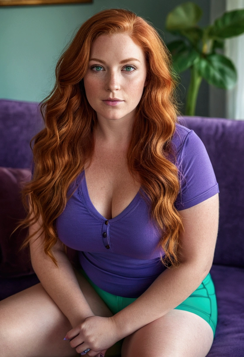 hyper realistic portrait of a beautiful white woman, long wavy red hair, green eyes, full-bodied, curvy, wearing tight blue shorts and a low-cut purple top, she is sitting on the sofa at home