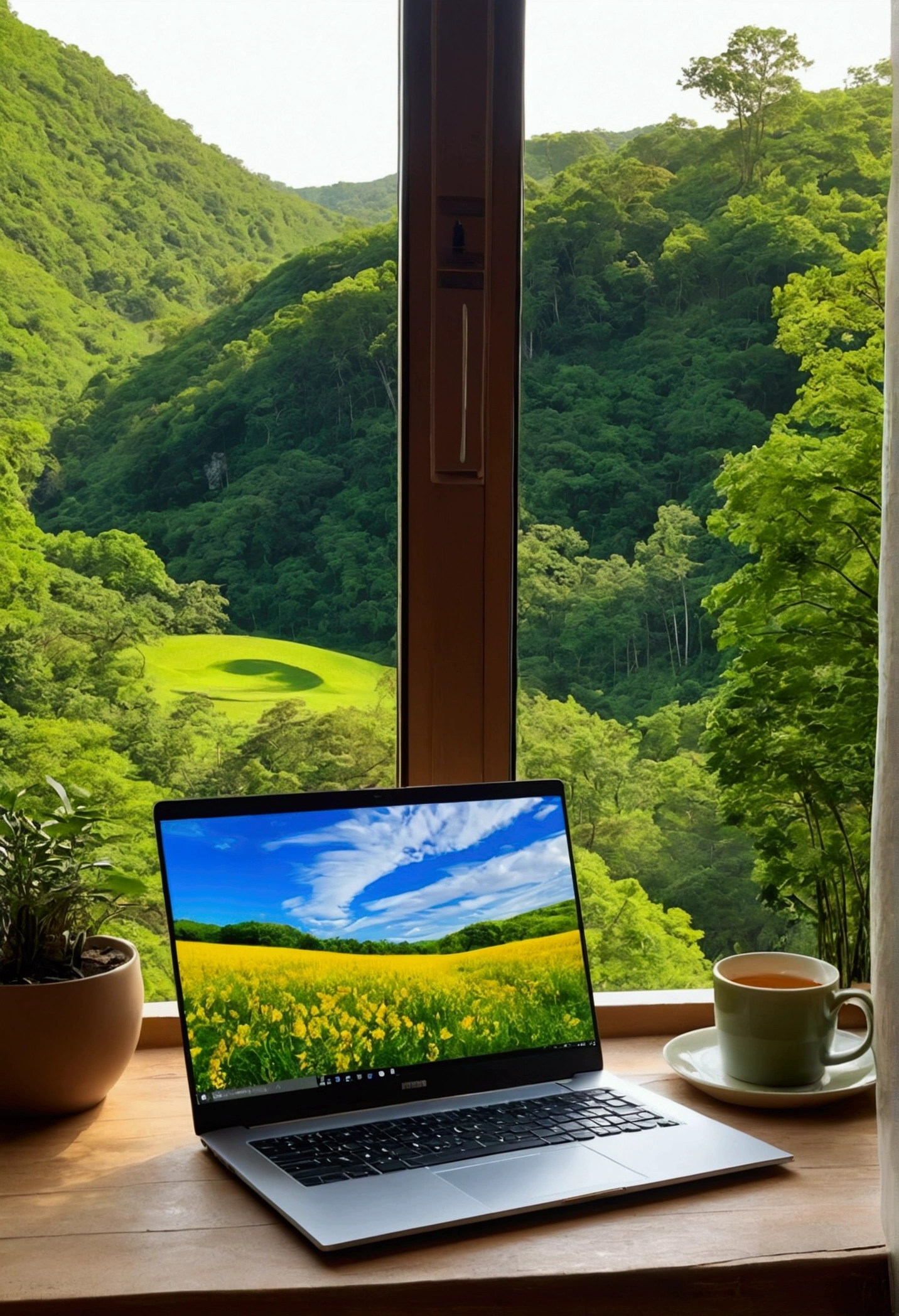 The warm and peaceful environment of your own home、With the laptop open. On the laptop screen、Displays serene and inspiring nature scenes, Symbolizes the inner journey and connection with nature