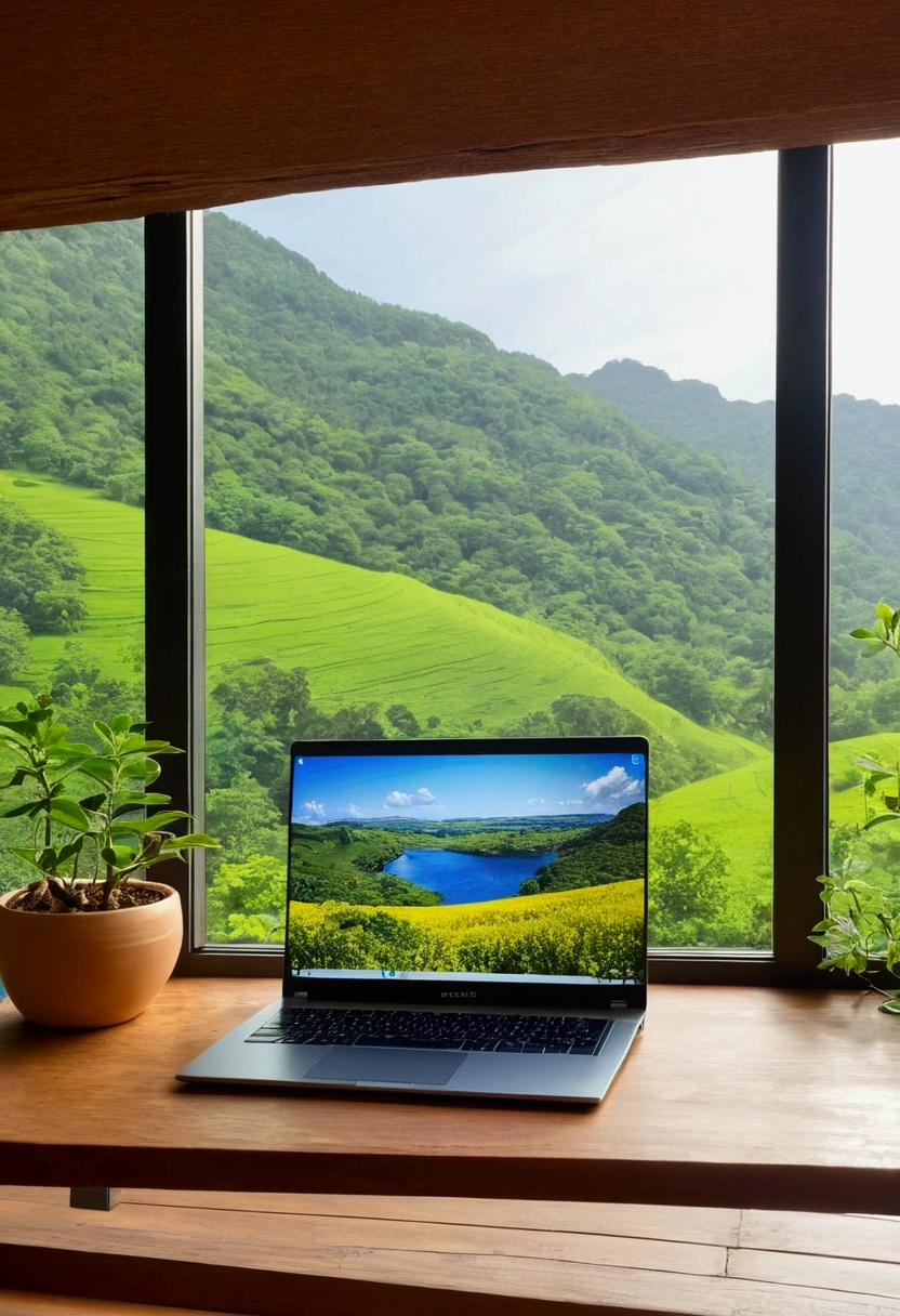 The warm and peaceful environment of your own home、With the laptop open. On the laptop screen、Displays serene and inspiring nature scenes, Symbolizes the inner journey and connection with nature