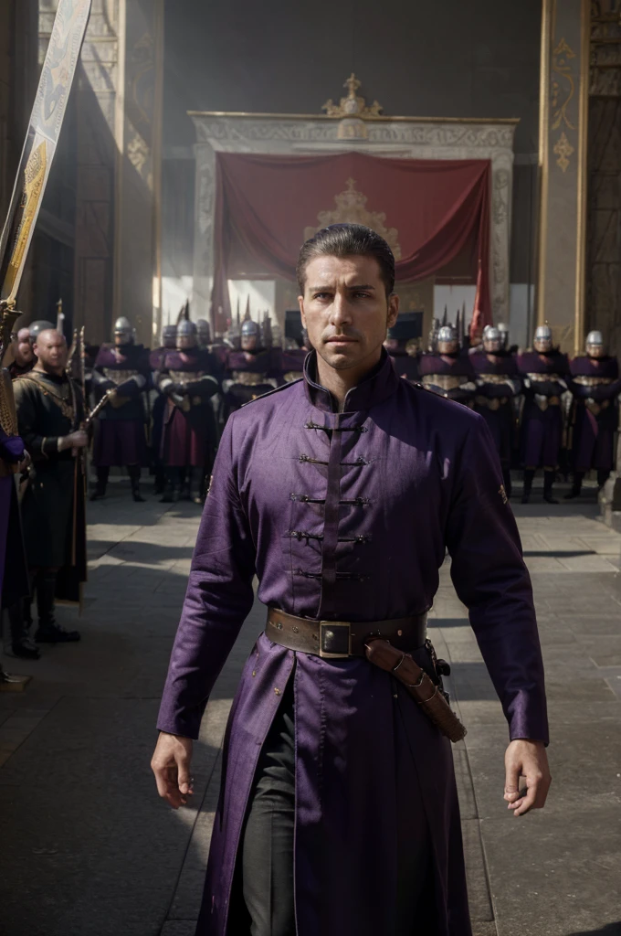 ((Best quality, 8k, Masterpiece :1.3)), Sharp focus :1.2, dynamic light, an imperial emperor standing in front of a powerful army in the background, epic scene, wide perspective, medieval period, luxury, powerful empire, purple outfit, core color is red, banner, fancy sword