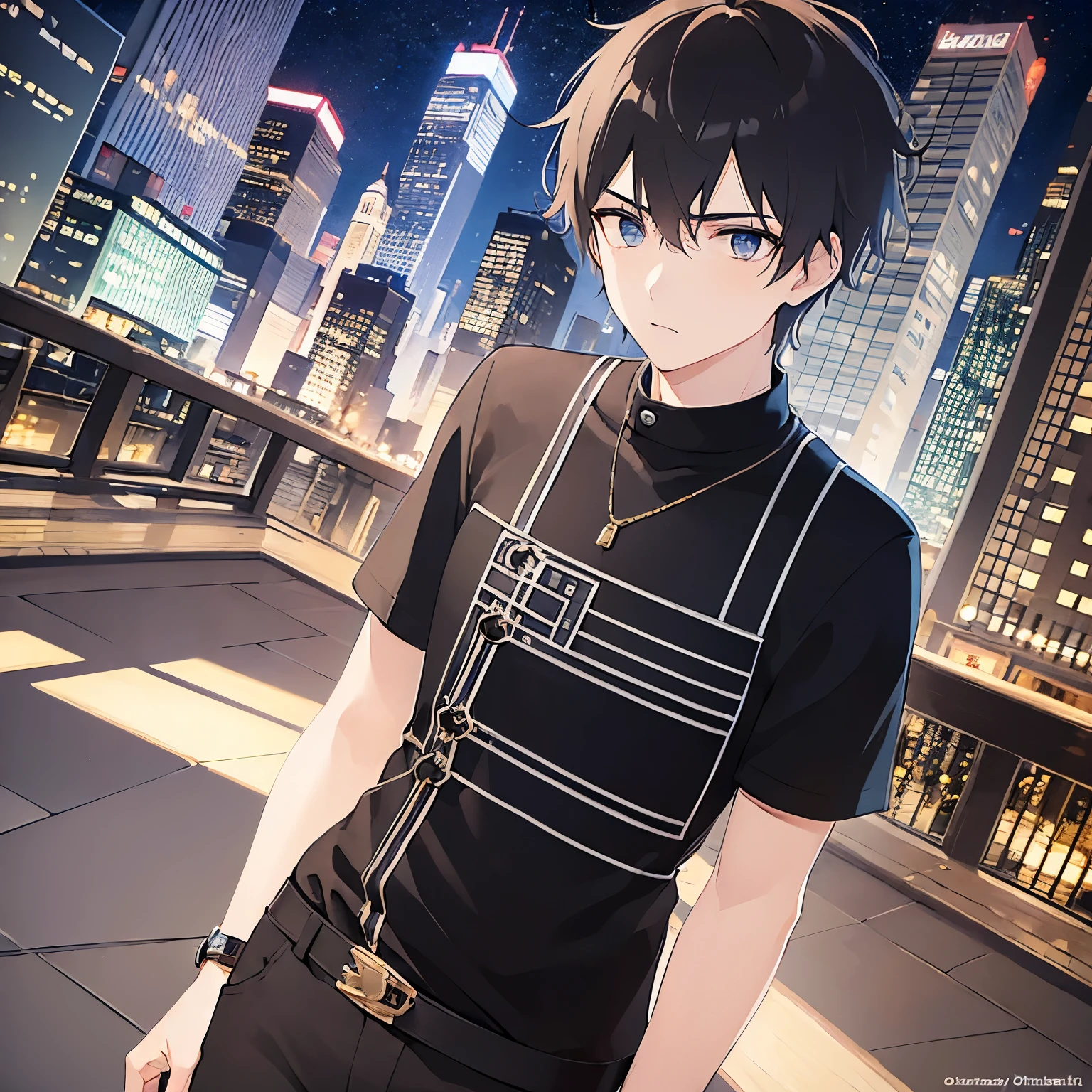 (25-year-old male:1.5) and (Black short hair) and (blue eyes)
(black) and (T-Shirts).(looking away:1.5),upper body,
shiny skin, masterpiece、Highest quality、,serious
(Night Park:1.5)、(Night Sky:1.5)、grass