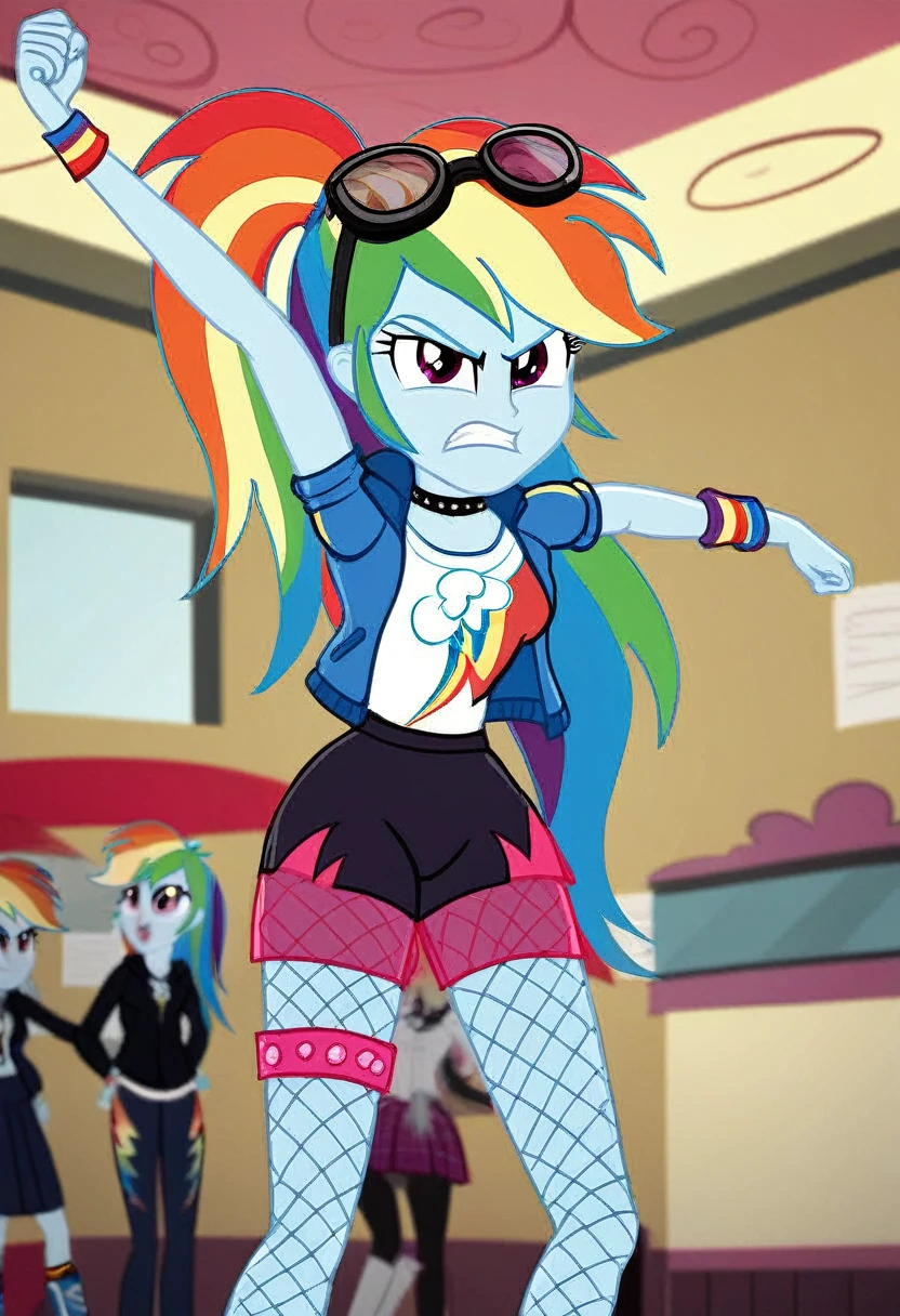 Eqg angry rainbow dash  at a school in  in fishnet tights walk 