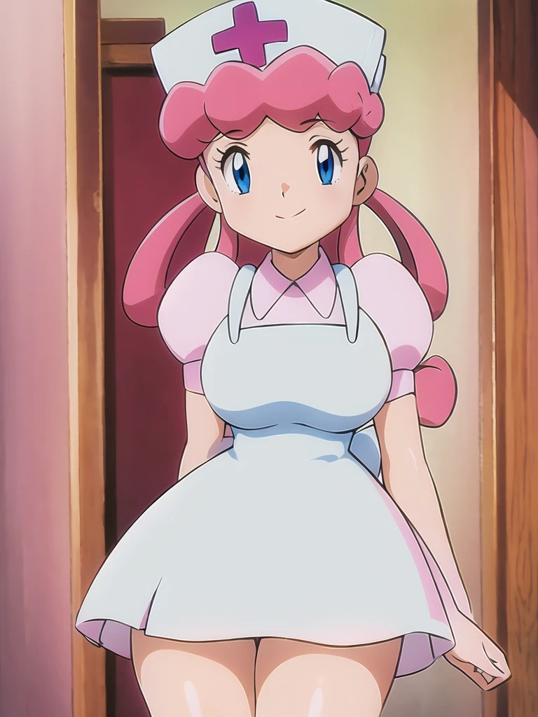 1girl,Nurse Joy, pink hair, rolled bangs, looped low twintails, blue eyes, nurse cap, pink shirt, puffy sleeves, pink skirt, white apron, white back ribbon,