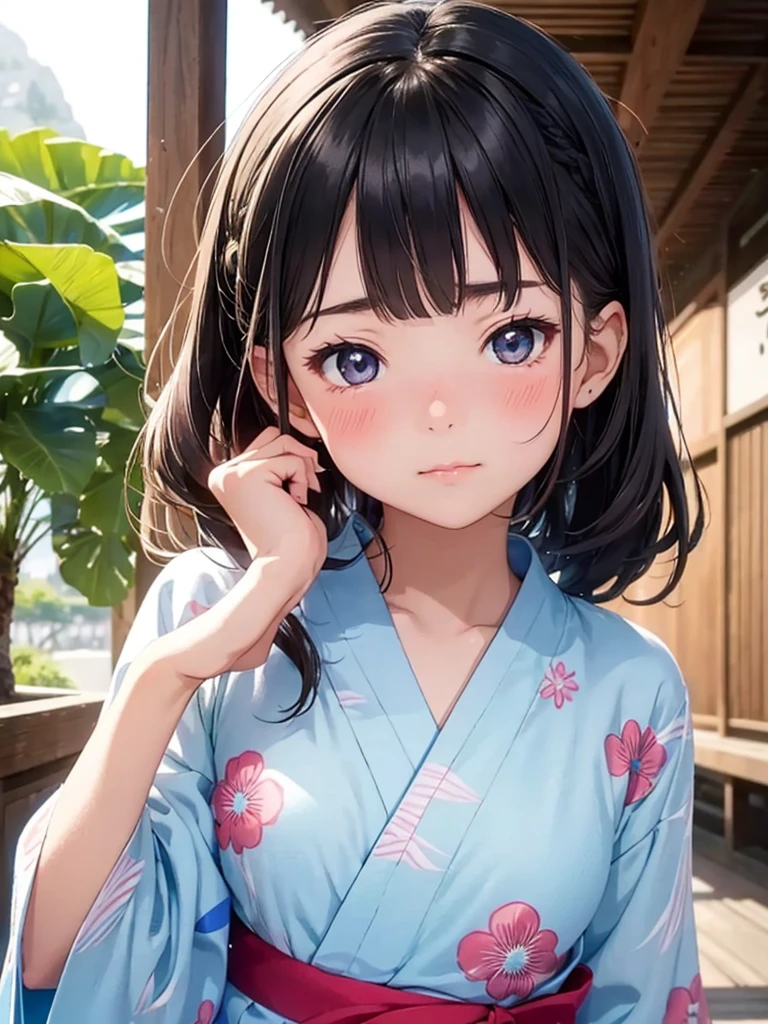 13-year-old girl closeup-face Her dark hair is tied quite low on her head Very narrow eyes Very droopy eyes clear Bearish Slim figure Light blue yukata Summer Festival Eyes Closed shy red cheek blush nose blush embarrassed