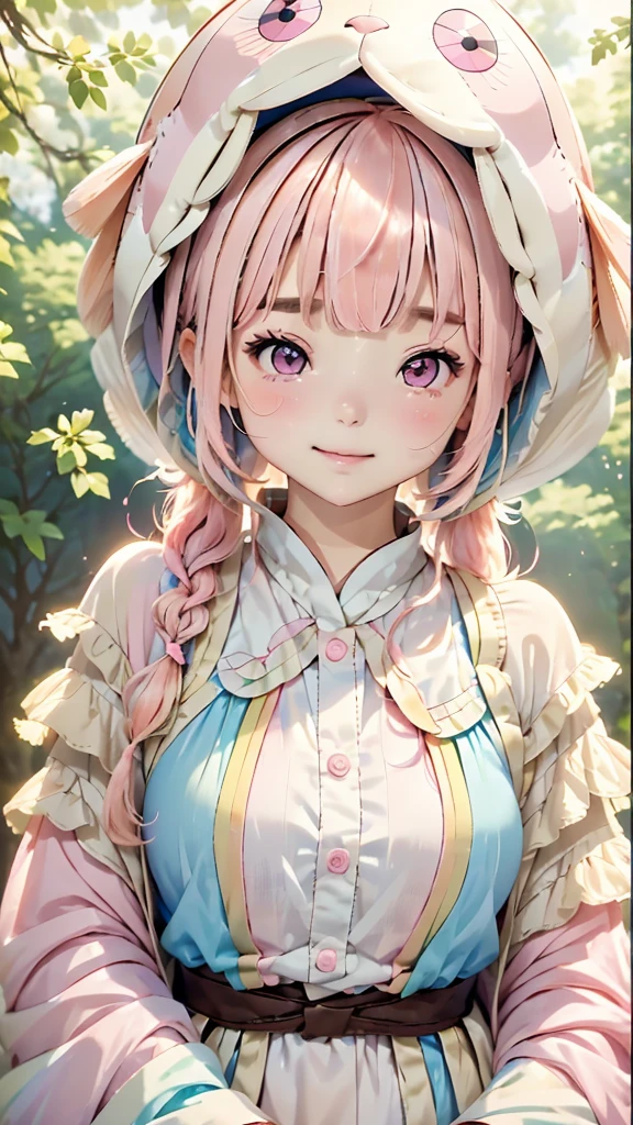 (((Hime cut)))、(((Bangs up to the eyebrows)))、(((Fish hat)))、One Girl、12talent、Magical girl、anatomy、French Braid、Anime Style,(((Pink Hair))),(((Hime cut))),(((Bangs up to eyebrows))),(((Bangs without gaps))),(((Align your bangs))),(((Pink eyes))),Flat Chest、smile,Cute Face、Cute clothes、Combat Uniform、、(((The background is pastel colored clouds:1.5、rainbow、Blurred Background)))、Highest quality、High resolution、High resolution、Cinema Lighting、Professional Photographer