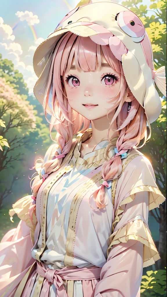 (((Hime cut)))、(((Bangs up to the eyebrows)))、(((Fish hat)))、One Girl、１２talent、Magical girl、anatomy、French Braid、Anime Style,(((Pink Hair))),(((Hime cut))),(((Bangs up to eyebrows))),(((Bangs without gaps))),(((Align your bangs))),(((Pink eyes))),Flat Chest、smile,Cute Face、Cute clothes、Combat Uniform、、(((The background is pastel colored clouds:1.5、rainbow、Blurred Background)))、Highest quality、High resolution、High resolution、Cinema Lighting、Professional Photographer
