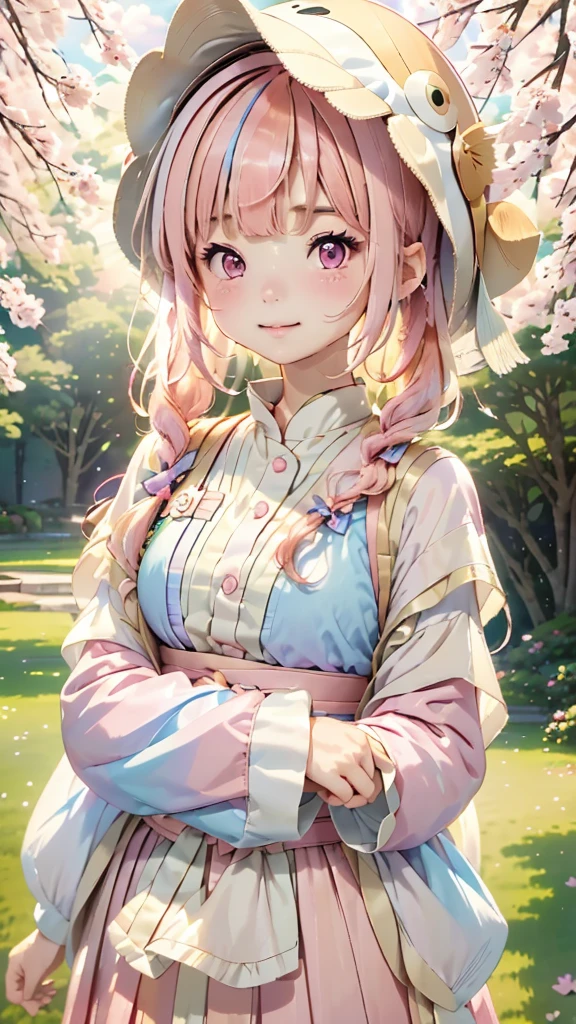 (((Hime cut)))、(((Bangs up to the eyebrows)))、(((Fish hat)))、One Girl、12talent、Magical girl、anatomy、French Braid、Anime Style,(((Pink Hair))),(((Hime cut))),(((Bangs up to eyebrows))),(((Bangs without gaps))),(((Align your bangs))),(((Pink eyes))),Flat Chest、smile,Cute Face、Cute clothes、Combat Uniform、、(((The background is pastel colored clouds:1.5、rainbow、Blurred Background)))、Highest quality、High resolution、High resolution、Cinema Lighting、Professional Photographer