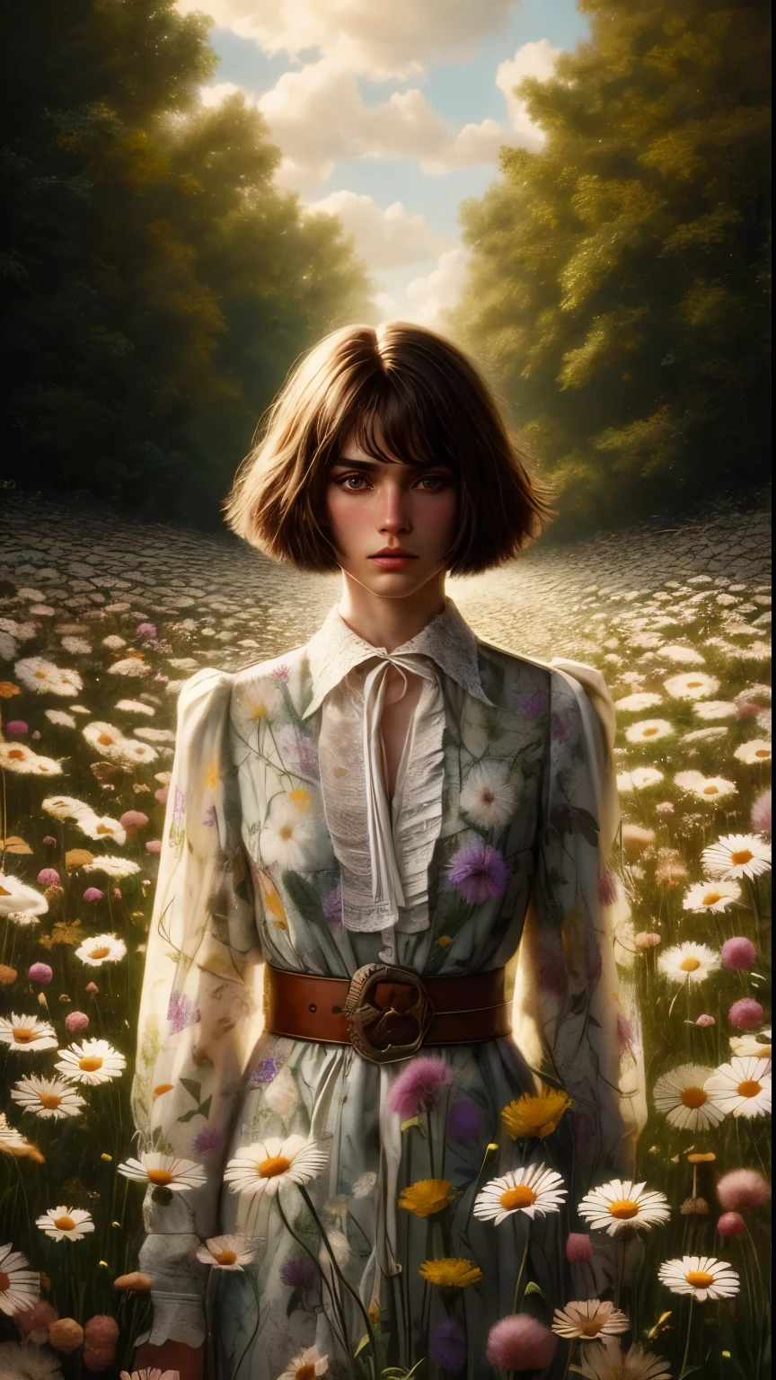 I've seen things you people wouldn't believe, Beautiful young brunette woman with shoulder length hair, page-boy haircut, silk, gauze, clothes made of hundreds of wildflowers and dandelion fluff, full body shot, medium shot, cowboy shot, on a forest path
