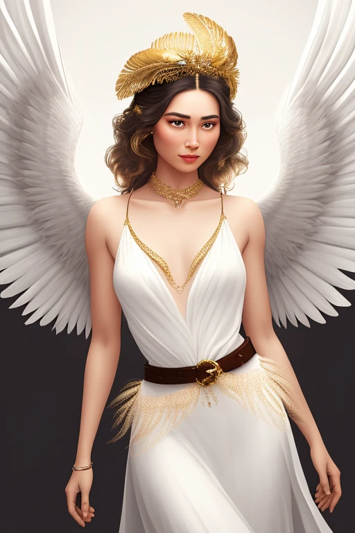 jflw,an animation of a woman in a white dress with a golden belt and wings on her head and her hair in her hand, stanley artgerm lau, a detailed animation, Fantasyart, feathered wings, 
work of art, best qualityer, high-range dynamics, vivid, rich details details, shadows and light highlights, realisitic, concentrated, enhanced contrast, high detailed digital art,