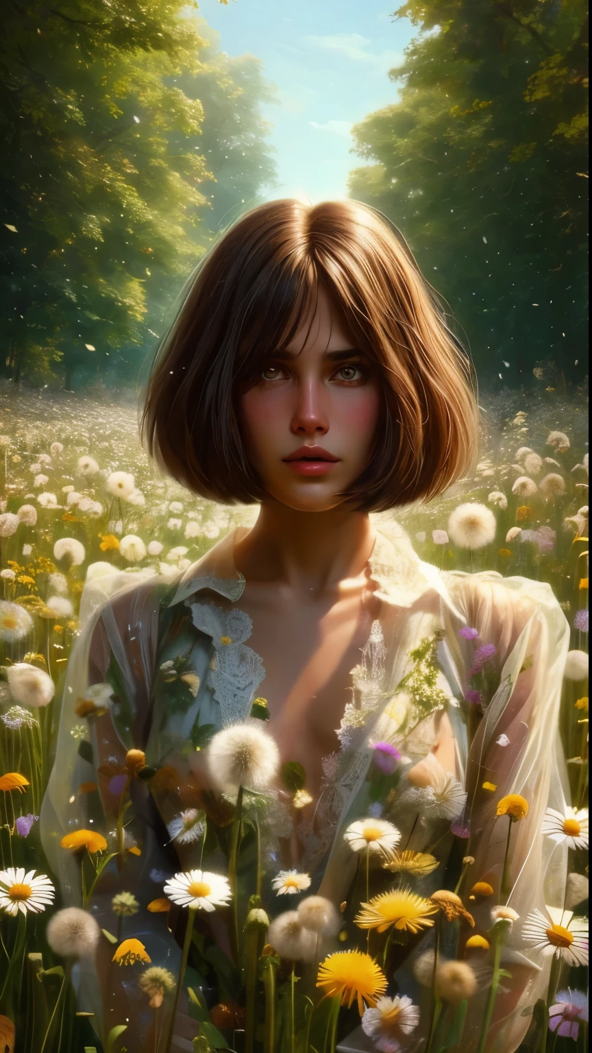 I've seen things you people wouldn't believe, Beautiful young brunette woman with shoulder length hair, page-boy haircut, silk, gauze, clothes made of hundreds of wildflowers and dandelion fluff, full body shot, medium shot, cowboy shot, on a forest path