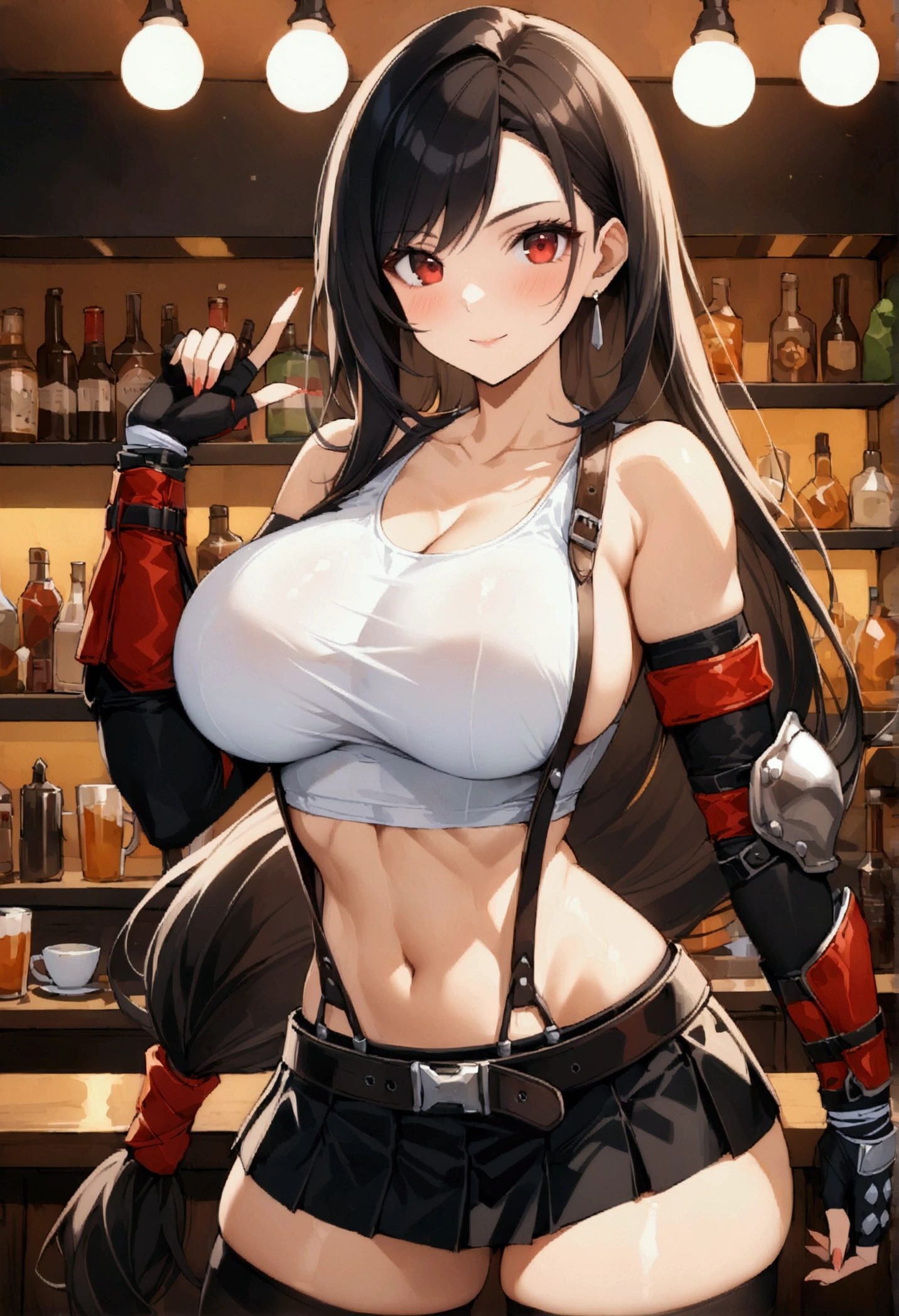 (score_9, score_8_up, score_7_up), (best quality, masterpiece) , perfect anatomy,(aesthetic,very aesthetic),.official style,intricate. 1girl, tifa lockhart, final fantasy,(beautiful woman). black hair, low-tied long hair, red eyes, bangs, white tank top,gap, belt, pleated skirt, thighhighs, elbow fingerless gloves, elbow pads, midriff, navel,suspender skirt.zettai ryouiki ,,(large_breasts:1.3),Solo,upperbody,looking_at_viewer,contrapposto pose, vibrant, joyful,cafe and bar, ,Framin,specular reflection,close-up of toned abdomen and boob, ,