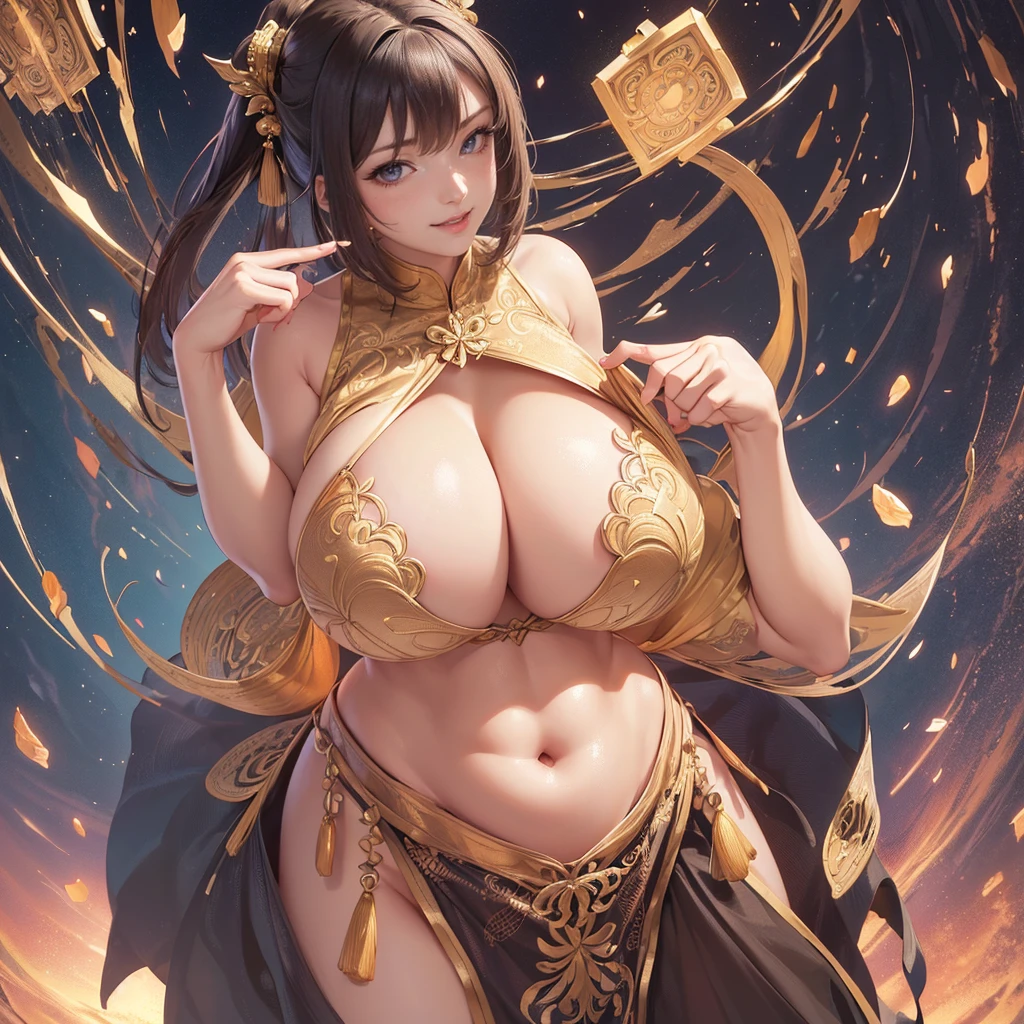 Highly detailed CG unit 8k wallpaper, masterpiece, High resolution, highest quality, highest quality real texture skin, Super Real, Digital Painting, Best image quality, 最High resolution, 8k, ((Highly detailed eyes and face)), 1girl, Beautiful eyes every detail, Full Body Shot, (((Saggy breasts, Gravity-dependent breasts, long chest, Heavy chest, ))), ((disproportionate breasts, huge breasts, sagging breasts, Cleavage, gigantic breasts, erect nipple,)), short hair, Tube top, Loincloth, Chinese style embroidery, china dress, chinese dress, ancient China, evil grin, smile,