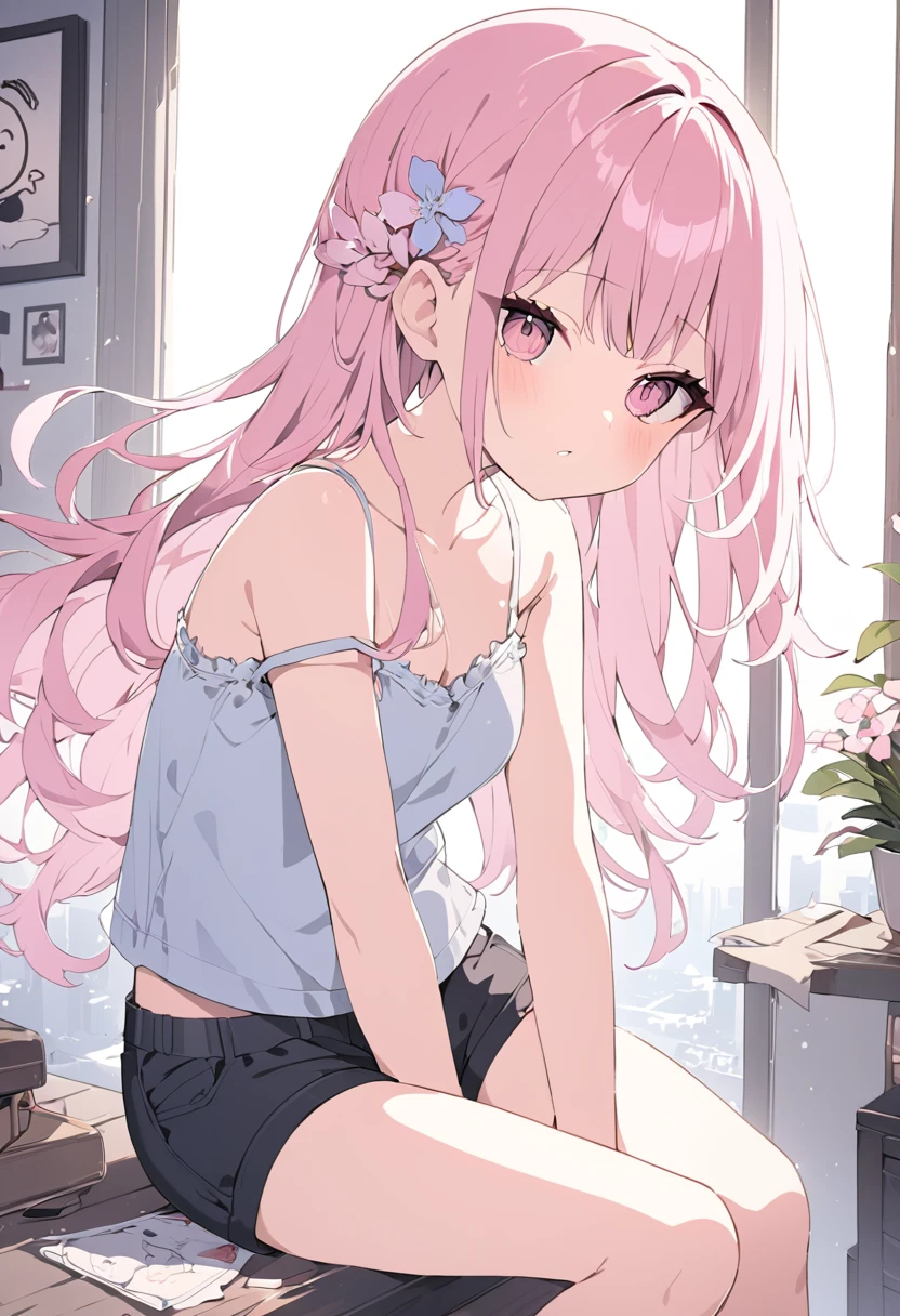 Pink Hair、Pink Eyes、girl、Small 、Bun Hair、girl、Small breasts、Bright Looks about 15 years old、Petan M目のhighlight、Sexy thighs、(length, High neck, eveless sweater:1.3)、Your eyes are so beautiful、highl