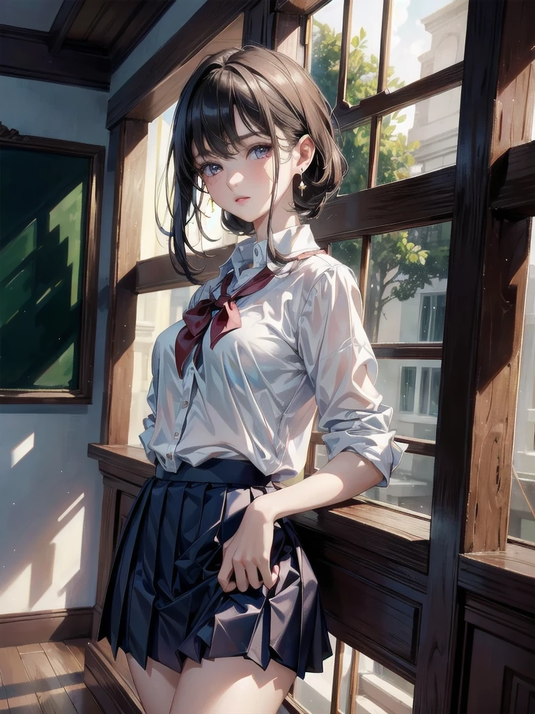 absurdres, RAW photo, extremely delicate and beautiful, masterpiece, Best Quality, ultra high resolution, 32k, hyperrealistic, ultra-detailed, tearful mole, earring, medium breasts, whole body shot, medium hair, asymmetrical hair, ((school_uniform)), short skirt,