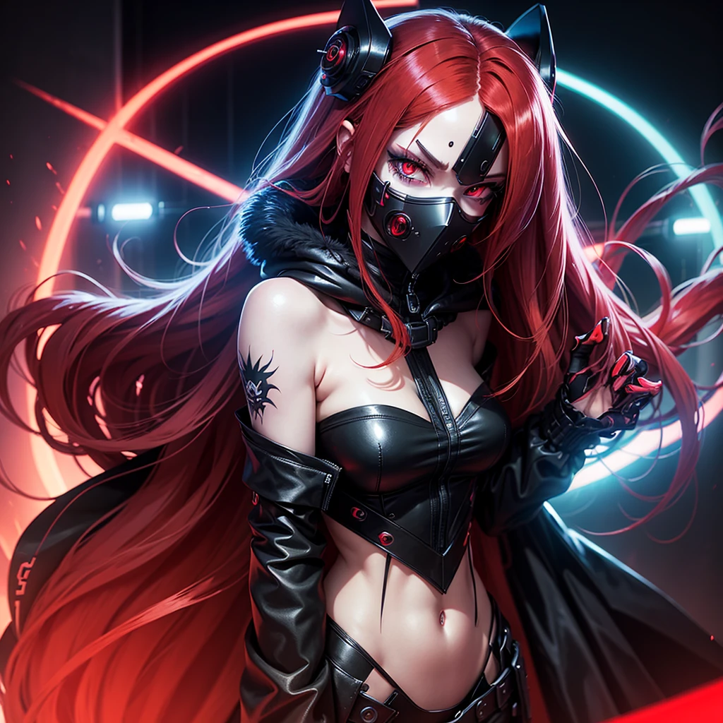 Girl Android demonic gloomy with long red hair she has a playful look she has a mask on her face a woman with sexy hips half cyborg modification Beautiful fur blue eyes stands in full height Anime Style black background Cyberpunk style, black background image of night black city and red neon lights fluorescent lamps red lighting red flashes on background