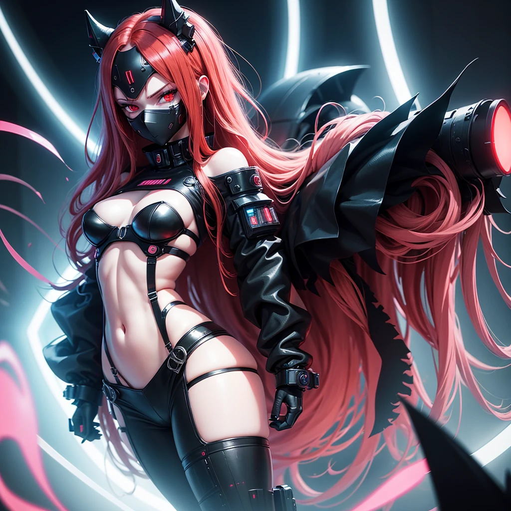 Girl Android demonic gloomy with long red hair she has a playful look she has a mask on her face a woman with sexy hips half cyborg modification Beautiful fur blue eyes stands in full height Anime Style black background Cyberpunk style, black background image of night black city and red neon lights fluorescent lamps red lighting red flashes on background