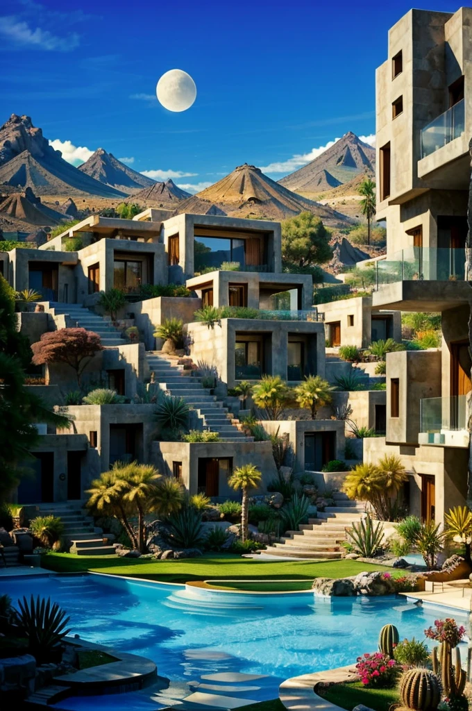 Multiple houses, brutalism style, Luis Barragán, Mountains in background, river, pool, terraces, stairs, garden terraces, trees, beautiful clouds, moon, sun, detailed, cacti, boulders, volcanic rocks, fuggy,