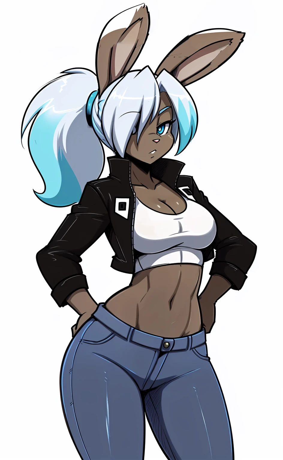 (adult, sketch-ish, 2d, absurdres, best quality, uploaded on e621), (by uc77, by zeekzag, (by sssonic2:1.04), by skidd, by john joseco, by kadath, by bigdad, by shonuff, by scappo), ((white background, no background:1.4)), (waist portrait, manga styled, manga styled eyes, intense pupils, getter robo styled eyes), (sassy, seductive, cute, adult), (female anthro rabbit, solo, rabbit ears, lop ears, down ears, lop down ears:1.2), ((dark tan body, dark tan fur, single color fur, single color body:1.5)), (pattens blue eyes, bedroom eyes, lidded eyes), ((medium-length hair with a ponytail, baja white hair, celeste cyan hair, very light blue hair, bright blue hair, gradient hair)), (hair over eye), ((waist jacket, white sports bra, white and black jeans)), (curvy figure), (((short rabbit tail:1.1))),