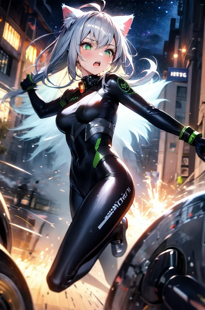 A silver-haired beautiful girl with cat ears eyes are green hair is silver and long clothes: a form-fitting black combat suit The fist is an afterimage The background is a city at night her is in a cat-like fighting pose The year is monitor, Dark Night, Sweat, Steam of Exhalation, Space, Battle, Dynamic Angle one girl