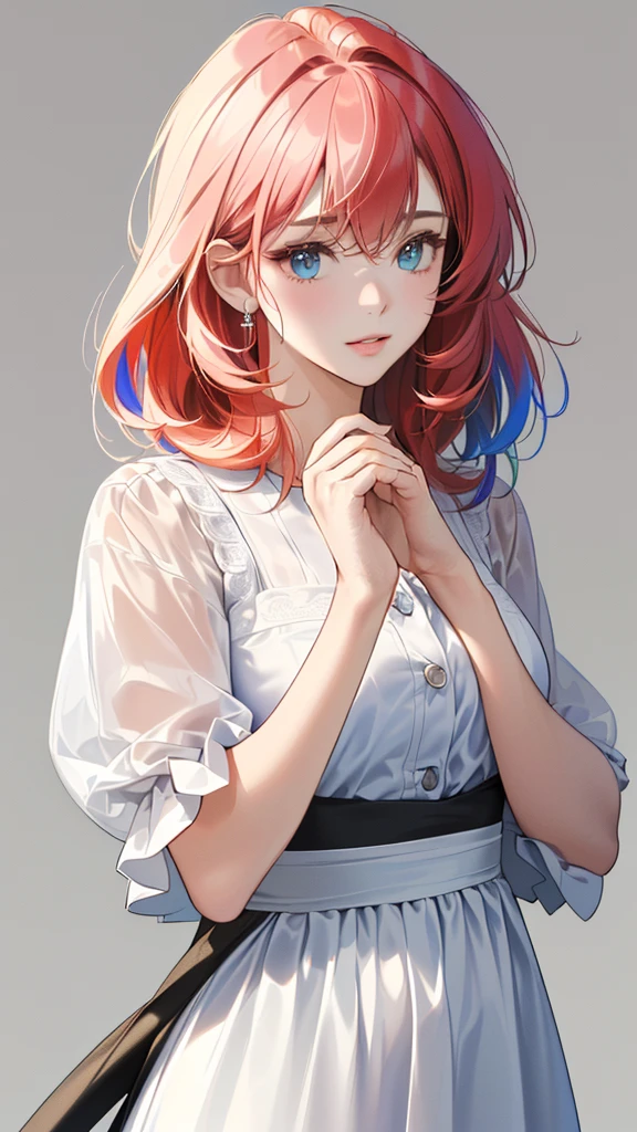 High resolution, Simple Background, Highest quality, accurate, masterpiece, High-resolution model, High detail, Ultra high definition, Colorful Hair, Medium Hair, Hair that can't be tied up, Pink eyes, ribbon hair accessories, Character Design,