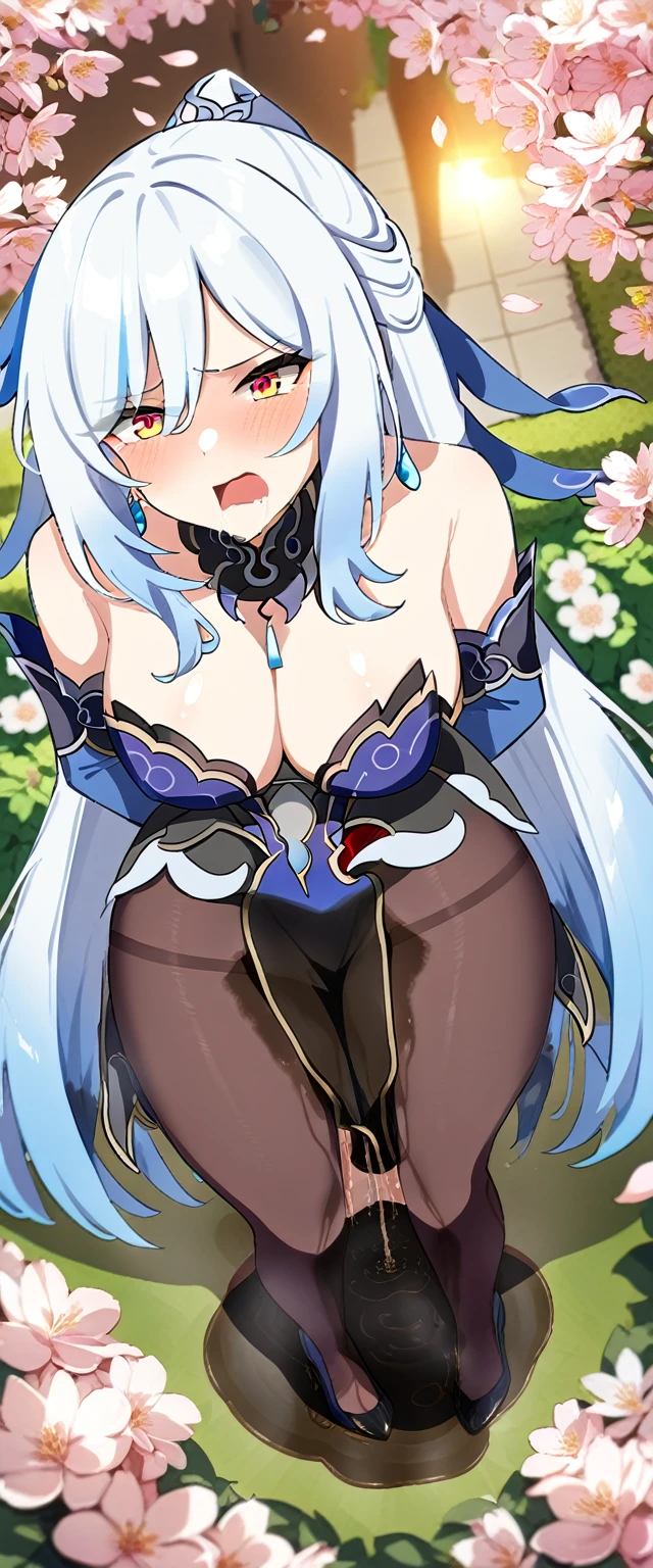 (masterpiece:1.37), best quality, (extremely detailed:1.37), (1girl:1.5), woman, (mature:1.5), (adult:1.5), jingliu, white hair, long hair, ponytail, hair ribbon, red eyes, earrings, jewelry, dress, pantyhose, (pelvic curtain:1.5), (extremely detailed eyes:1.37), (wetting self:2.0), desperation, (standing:1.5), embarrassed, humiliation, blushing, angry, cherry blossoms, garden, (golden hour:1.5), full body, (crossing legs:1.5), from above