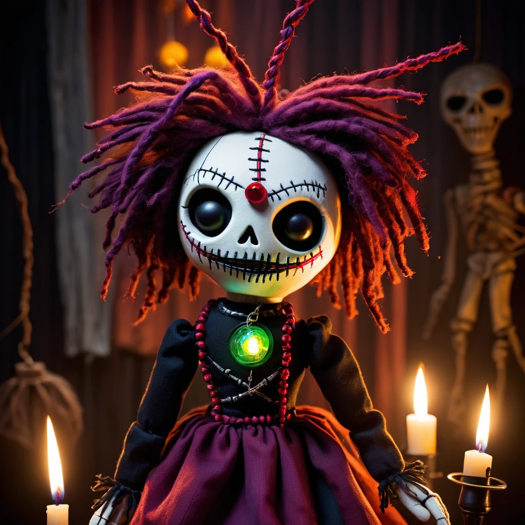 (knitted toy voodoo doll:1.5), (Voodoo Demonic Puppeteer:1.3), (Clothing: tattered puppeteer’s attire with sinister symbols:1.0), (Accessories: enchanted puppet strings emitting a ghostly glow, floating spectral marionettes:1.1), (background: dark, eerie puppet theater with flickering lights, creepy puppets, and an atmosphere of macabre performance:1.2), best quality, masterpiece, detailed soft oil painting, detailed background, dramatic cinematic lighting, soft edge lighting, professional, dramatic lighting, hard edge lighting, ultra quality, 4k,masterpiece, best quality, 8k, ultra highres, highres, extremely detailed