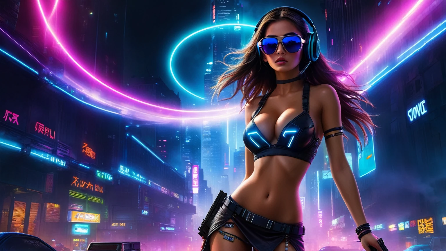 dark futuristic landscape, at night, neon lights, Atmospheric fog, large buildings in the background, futuristic city, streets with open shops, skyscraper (postapocalyptic city:1.3). (((1girl, solo, alone))), large-:1.2 slim body, cleavasexy miniskirt((headphone, black sunglasses, standing and holding pistol pose))), (((half-body thigh level medium shot))), cinematic lighting, lens flare, ray tracing.