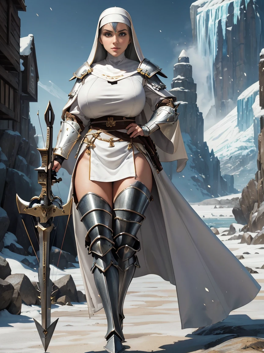 (masterpiece, top quality, best quality, official art, beautiful and aesthetic:1.2), (1girl:1.3), ((Sharp facial features, sharp features, hawkish features)), ((grey eyes)), busty paladin knight girl, extremely detailed, portrait, looking at viewer, solo, (full body:0.6), detailed background, full-body shot, (cold mountain nighttime glacier theme:1.1), holy knight, (nun), charlatan, smirk, mysterious, swaying in mountains, armor, polished metal, gold trim, long boots, white fabric, pelvic curtain, robe, pale leather, ((((nun, crossbow, heavy armor, armored, long legs, robes, prayer scrolls, toned, muscular)))), slim waist, slim hips, long legs, medieval (mountain exterior:1.1) background, dark mysterious lighting, shadows, magical atmosphere, dutch angle