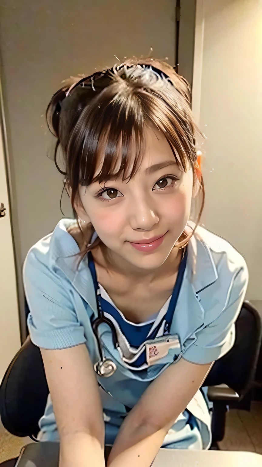 ((Medical Slabs:1.5)、A female technician leaning forward and peering at a patient in a hospital、Breast flash、Cleavage、Small breasts)、(Realistic、Like a photograph、Live Action、, Realistic, RAW Photos, Best image quality: 1.4), Single-lens reflex camera、RAW Photos, Highest quality, Realistic, Very detailed CG Unity 8k wallpaper, Written boundary depth, Cinematic Light, Lens flare, Ray Tracing, Realistic background、hospital:1.4、(nurse:1.4、Medical scrub:1.3、Toned body)、((Ultra-dense skin))、 woman,Cute Japanese nurse、((Leaning forward、((whole body:1.5))、During examination:1.1、Serious expression))、Pink inner color hair、short hair:1.2、Short Ponytail、I like that style、stylish、Very detailed、Pay attention to the details、Perfect outfit、(Sunburned skin)、Beautiful legs:1.1、Front top view、Anatomically correct body、Accurate fingering