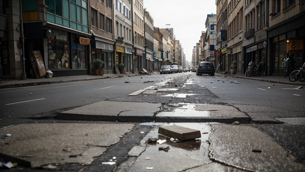 The city streets in complete disarray, with cracked pavements and scattered debris