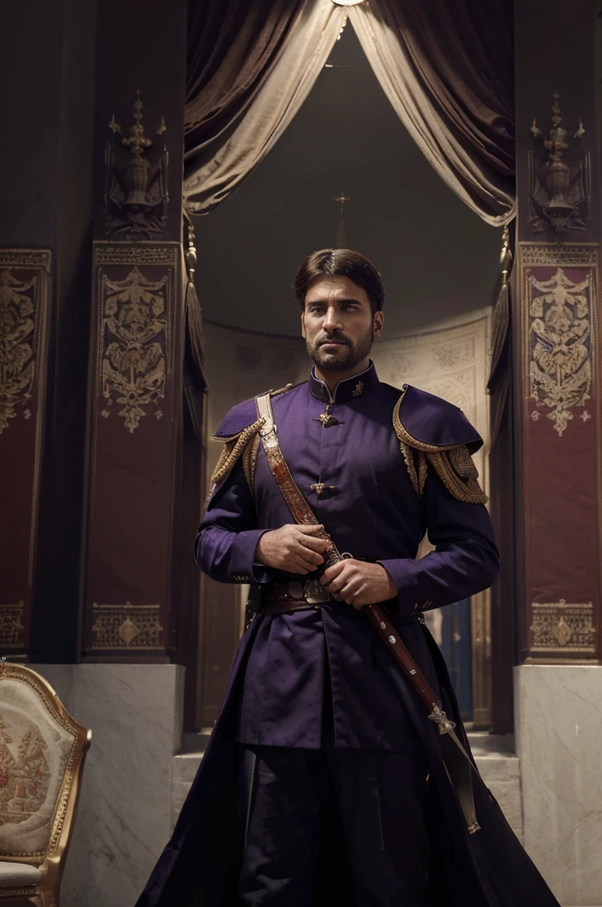 ((Best quality, 8k, Masterpiece :1.3)), Sharp focus :1.2, dynamic light, an imperial emperor standing in front of a powerful army in the background, epic scene, wide perspective, medieval period, luxury, powerful empire, purple outfit, core color is red, banner, fancy sword, wear armor, Ottoman and Roma Culture