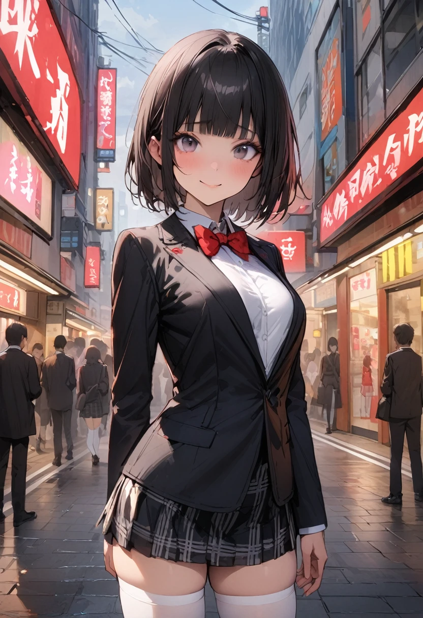 ((masterpiece,Highest quality:1.3,best quality illustration)),(realistic),cowboy shot,独奏,1woman,(18 year old beauty),black hair,short bob hair,blunt bangs,black eyes,gorgeous big eyes,((very small head:1.3)),shy,smile,((very long body:1.2,skinny)),medium breasts,(Black blazer jacket、Red bow tie、White shirt、Black plaid mini skirt、white_thighhighs),gleaming skin,toned body,slender body,standing,on street,neon、Shibuya Station、