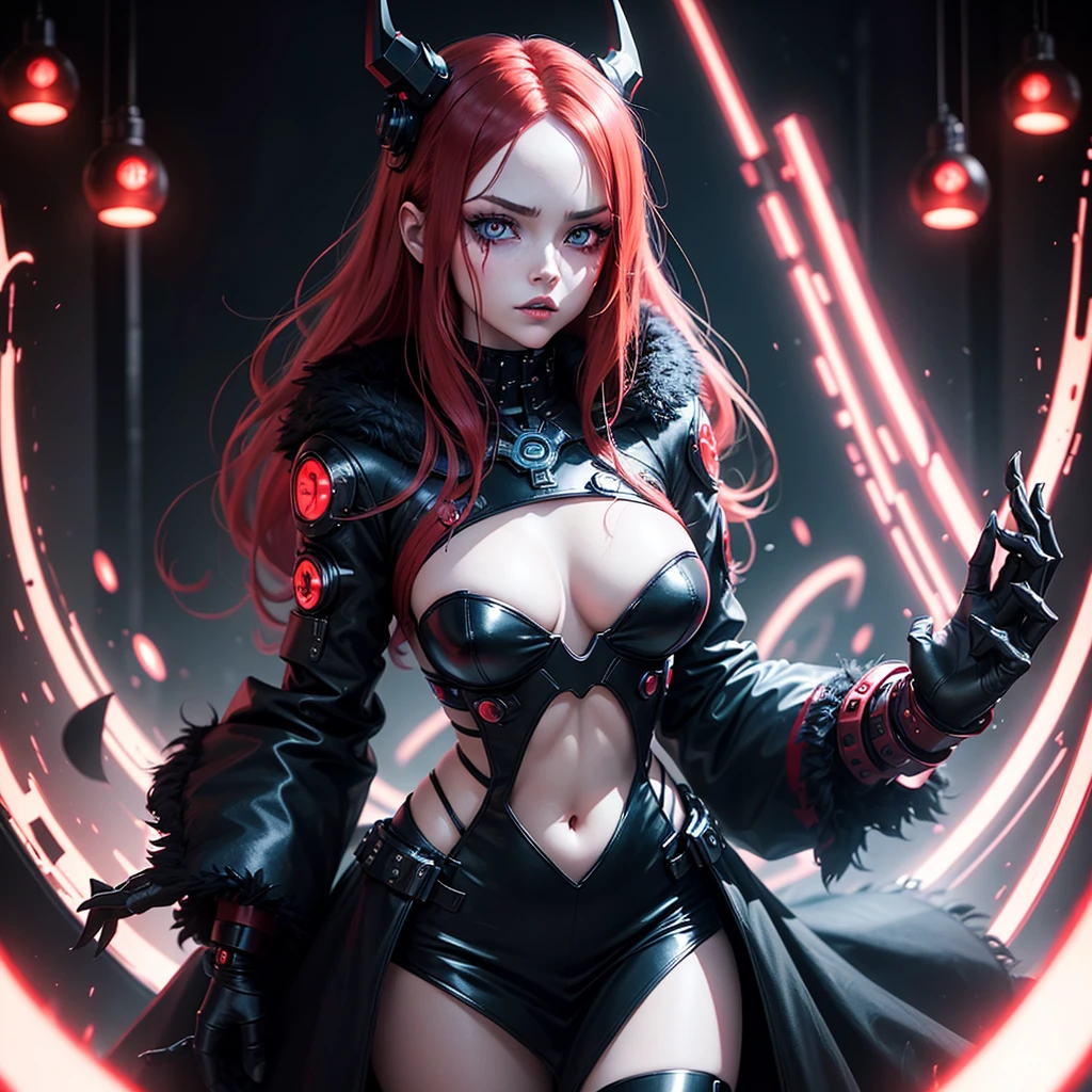 Girl Android demonic gloomy with long red hair she has a playful look she has a mask on her face a woman with sexy hips half cyborg modification Beautiful fur blue eyes stands in full height Anime Style black background Cyberpunk style, black background image night black city and red neon lights red lamps red lighting red flashes on the background
