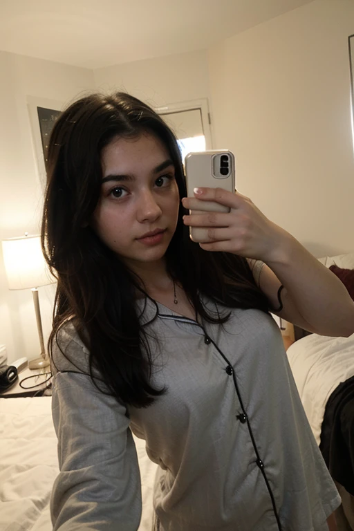 girl with straight black hair wearing pajamas taking a selfie