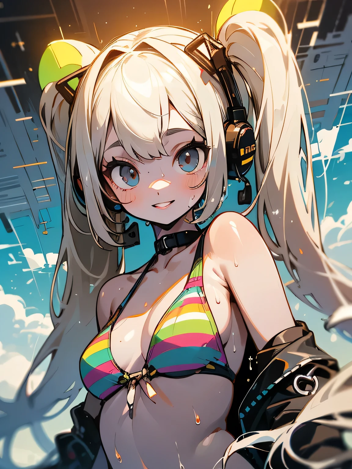 One Girl, alone, Rim Light, very detailed face, (Contrasting:1.1), smile, Amazingly cute young Russian girl, Droopy eyes, pale blue plump lips,(deep black very long twintail)、With bangs, Light brown thin eyebrows, Oily skin, Wet Skin, (rainbow color summer bikini) , Put on some high-tech headphones, Mid-chest, (model pose:1.2)